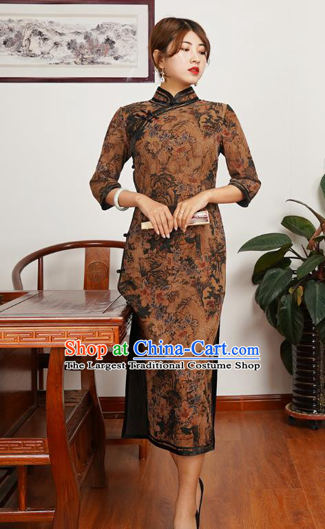 Asian Chinese Classical Landscape Pattern Brown Silk Cheongsam Costume Traditional Shanghai Beauty Qipao Dress