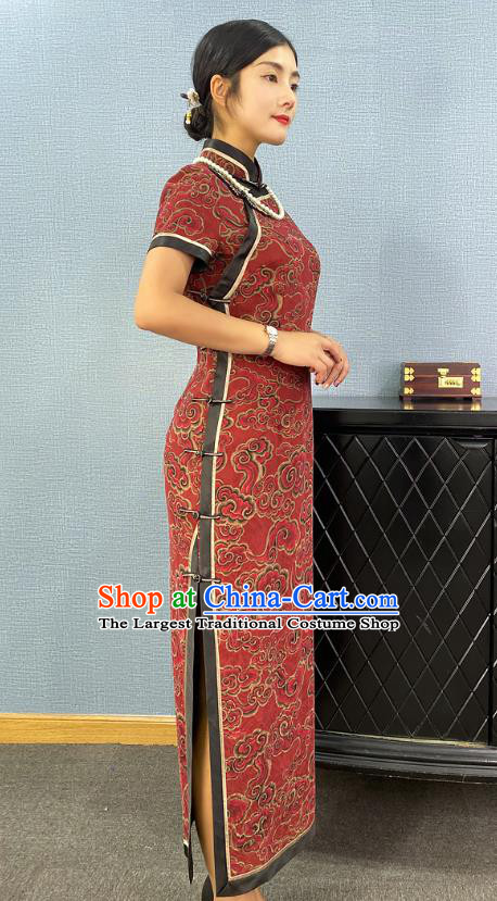 Asian Chinese Classical Cloud Pattern Red Cheongsam Costume Traditional Shanghai Young Lady Silk Qipao Dress