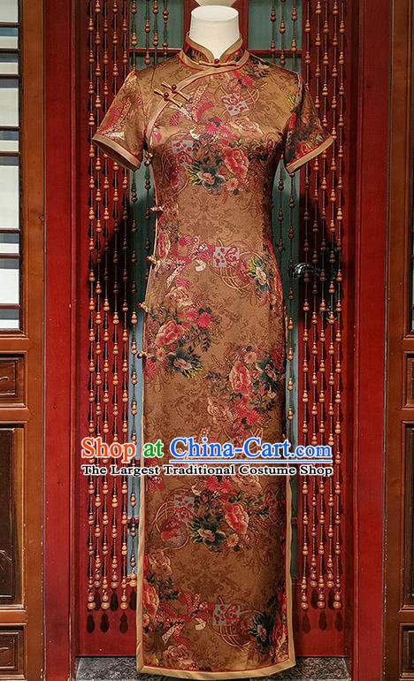 Asian Chinese Traditional Brown Brocade Qipao Dress National Woman Clothing Classical Silk Cheongsam Costume