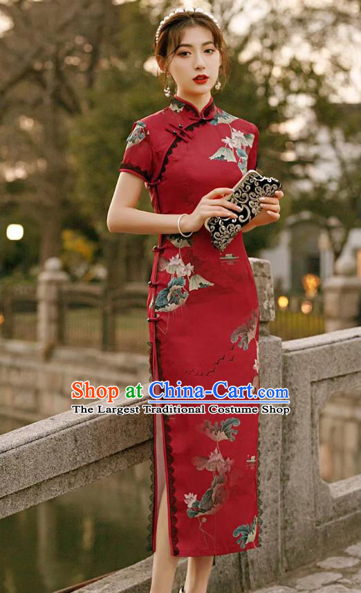 Asian Chinese Classical Printing Lotus Red Brocade Cheongsam Traditional Bride Qipao Dress National Wedding Clothing