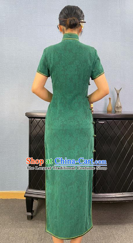 Asian Chinese Classical Young Beauty Cheongsam Costume Traditional Jacquard Green Silk Qipao Dress