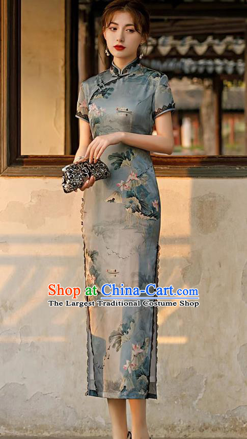 Asian Chinese National Clothing Classical Printing Lotus Grey Brocade Cheongsam Traditional Young Lady Qipao Dress