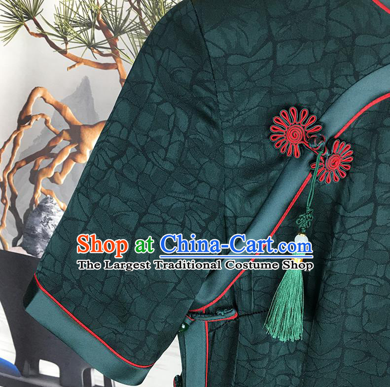 Chinese Classical Young Mistress Cheongsam Traditional Deep Green Silk Qipao Dress Clothing