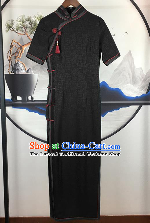 Chinese Elderly Woman Costume Classical Cheongsam Traditional Black Silk Qipao Dress