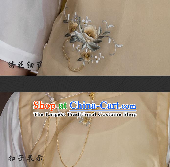 China Traditional Tang Suit Upper Outer Garment National Woman Embroidered Apricot Silk Blouse