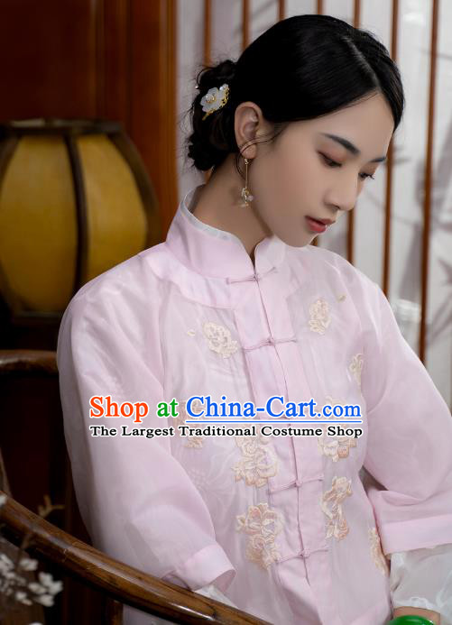 China National Woman Embroidered Pink Silk Blouse Traditional Tang Suit Shirt Upper Outer Garment