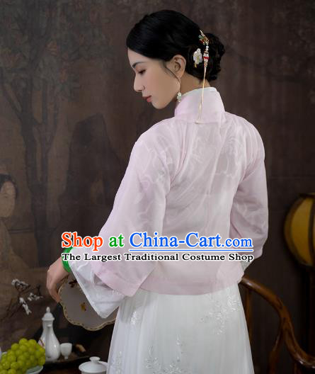 China National Woman Embroidered Pink Silk Blouse Traditional Tang Suit Shirt Upper Outer Garment