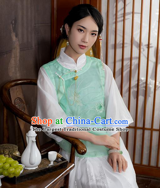 Chinese Traditional National Embroidered Light Green Organdy Vest Costume Women Tang Suit Waistcoat