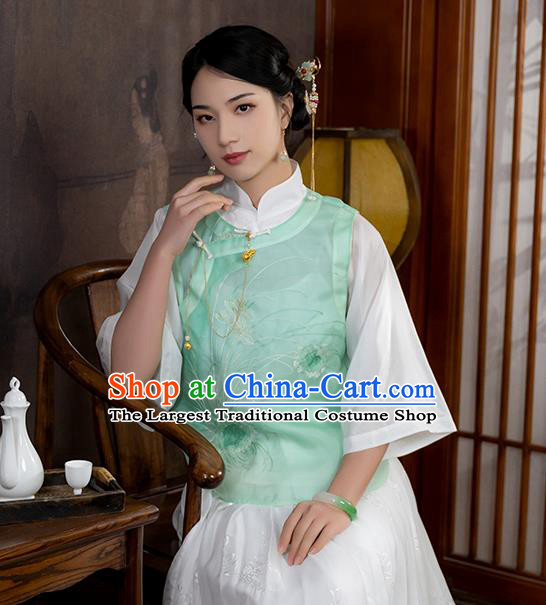 Chinese Traditional National Embroidered Light Green Organdy Vest Costume Women Tang Suit Waistcoat