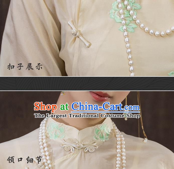 China National Apricot Silk Qipao Dress Clothing Traditional Embroidered Cheongsam