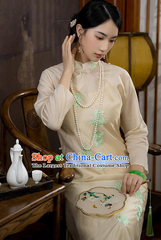 China National Apricot Silk Qipao Dress Clothing Traditional Embroidered Cheongsam