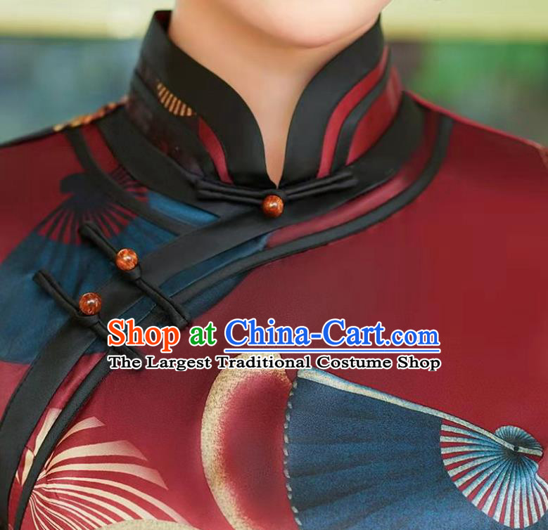 Chinese Stage Performance Cheongsam Costume Modern Printing Red Qipao Dress