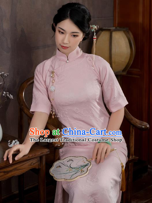 China National Qipao Dress Clothing Traditional Young Lady Jacquard Pink Cheongsam