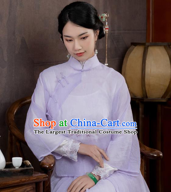 China Traditional Qipao Shirt Upper Outer Garment National Woman Embroidered Lilac Blouse