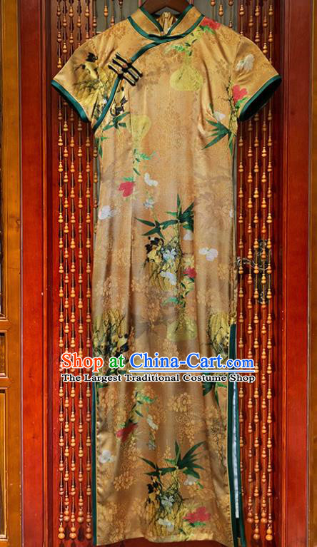 Chinese Classical Printing Flowers Yellow Silk Qipao Dress Gambiered Guangdong Gauze Cheongsam Costume