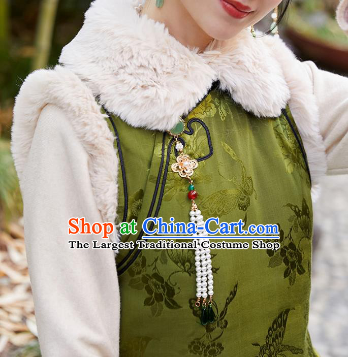 China National Green Silk Sleeveless Qipao Dress Clothing Traditional Winter Cotton Wadded Cheongsam
