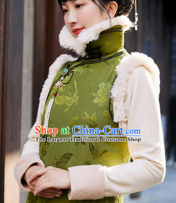 China National Green Silk Sleeveless Qipao Dress Clothing Traditional Winter Cotton Wadded Cheongsam