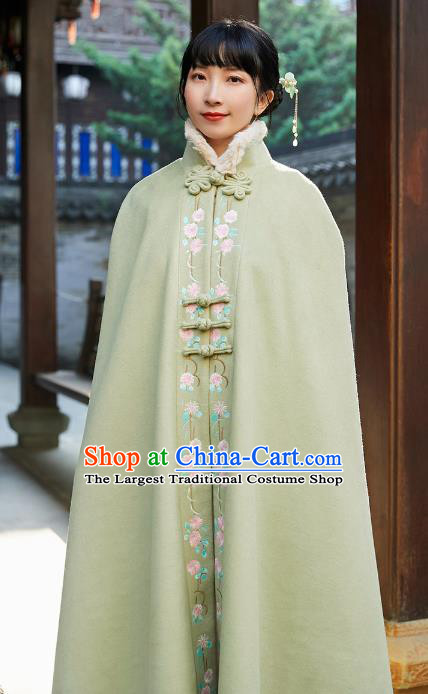 Chinese Traditional Embroidered Green Woolen Cape Costume National Women Tang Suit Long Cloak Overcoat