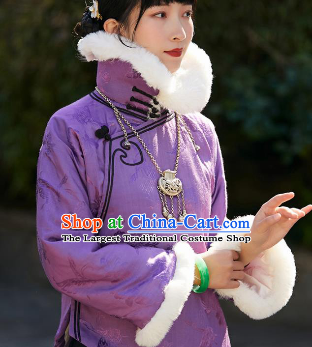 China Traditional Stand Collar Overcoat Outer Garment National Woman Purple Silk Cotton Wadded Jacket