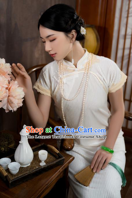 China National Young Lady Qipao Dress Clothing Traditional White Velvet Cheongsam