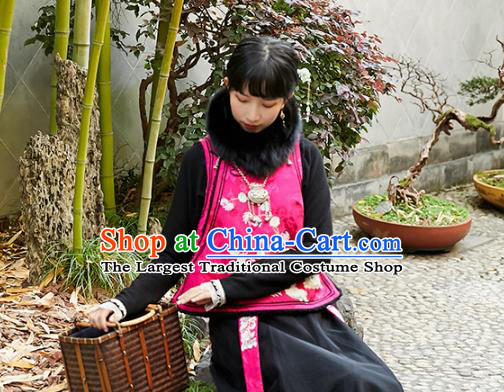 Chinese Traditional Embroidered Lambswool Vest Costume National Women Tang Suit Rosy Silk Waistcoat