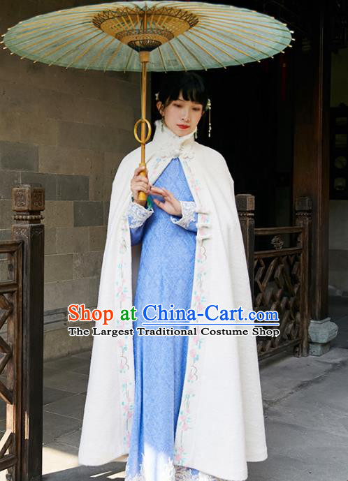 Chinese Traditional Embroidered White Woolen Cloak Costume National Women Stand Collar Long Cape