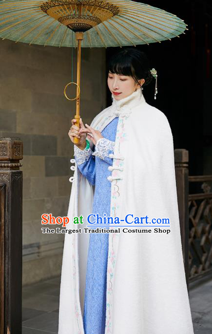 Chinese Traditional Embroidered White Woolen Cloak Costume National Women Stand Collar Long Cape