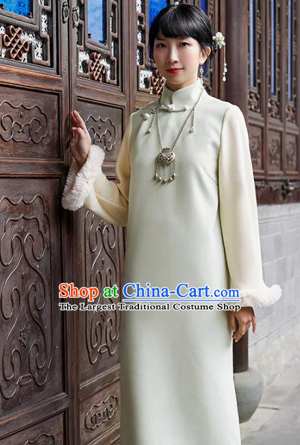 China Traditional Young Lady Light Green Woolen Cheongsam National Winter Wide Sleeve Qipao Dress Clothing