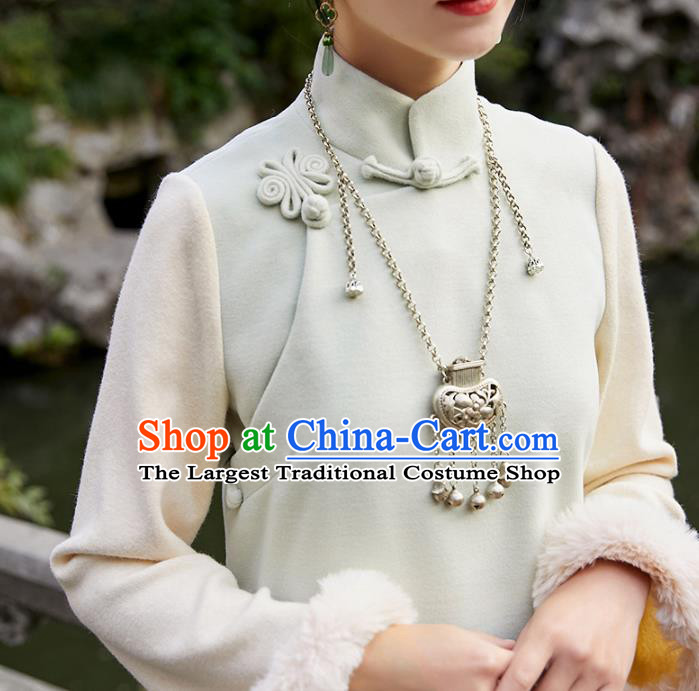China Traditional Young Lady Light Green Woolen Cheongsam National Winter Wide Sleeve Qipao Dress Clothing