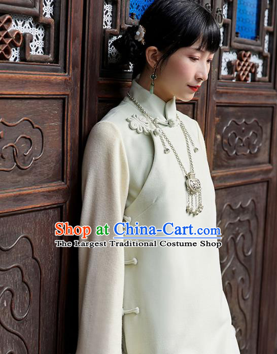 China Traditional Young Lady Light Green Woolen Cheongsam National Winter Wide Sleeve Qipao Dress Clothing