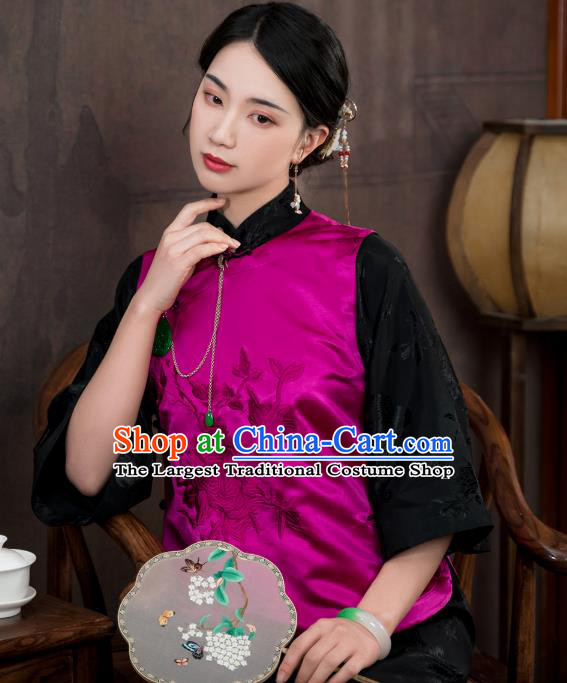 Chinese Traditional Embroidered Rosy Silk Vest Costume National Women Tang Suit Waistcoat