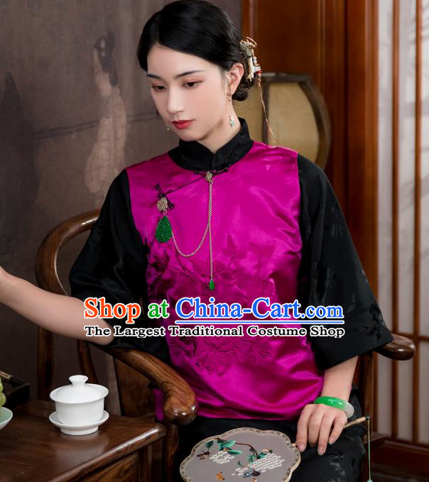 Chinese Traditional Embroidered Rosy Silk Vest Costume National Women Tang Suit Waistcoat