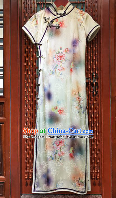 Chinese Classical White Brocade Qipao Dress National Young Lady Printing Silk Cheongsam Clothing