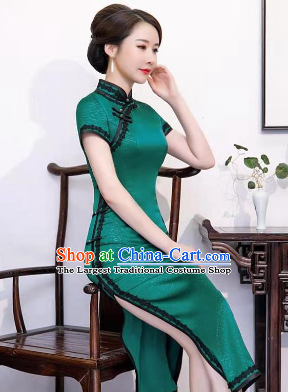 Chinese National Young Woman Cheongsam Party Compere Clothing Stage Show Green Silk Qipao Dress