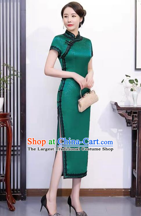 Chinese National Young Woman Cheongsam Party Compere Clothing Stage Show Green Silk Qipao Dress