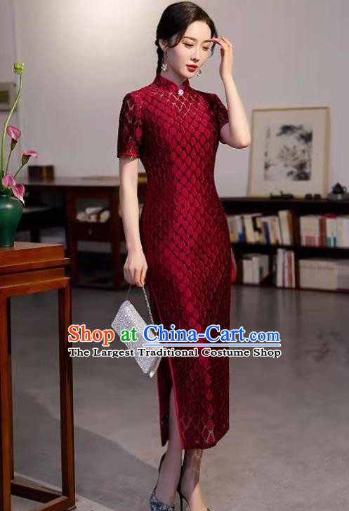 Chinese Modern Wine Red Cheongsam Traditional Wedding Bride Qipao Dress Clothing