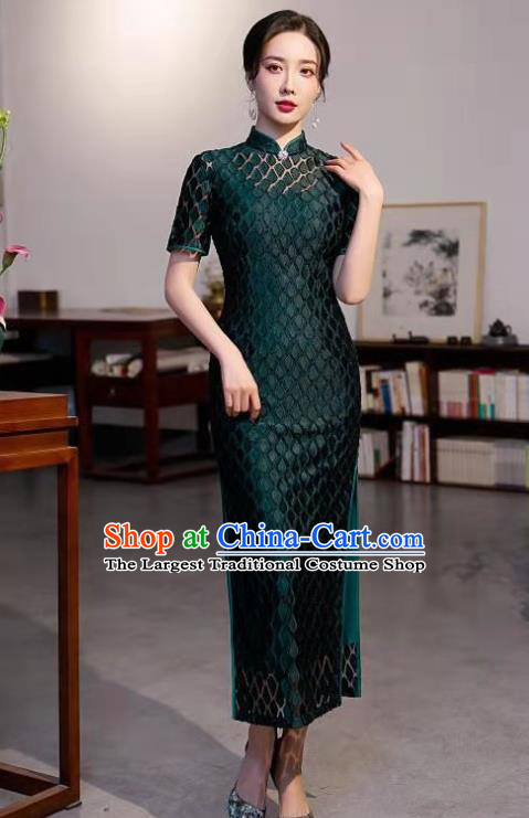 Chinese Traditional Compere Qipao Dress Clothing Modern Deep Green Cheongsam