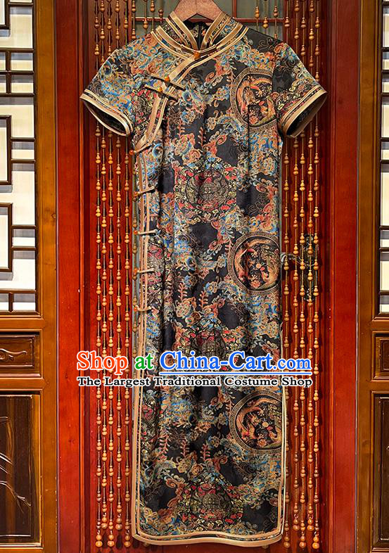 Chinese Traditional Printing Dragon Phoenix Black Cheongsam Stand Collar Qipao Dress National Woman Clothing