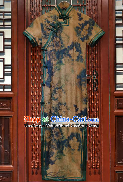 Chinese Traditional Silk Long Qipao Dress Clothing Classical Peony Pattern Khaki Brocade Cheongsam