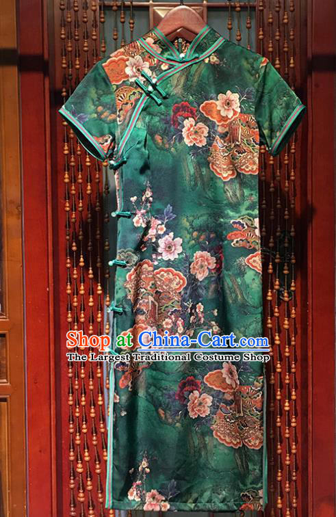 China Traditional Printing Flowers Green Silk Cheongsam Clothing Classical Short Qipao Dress