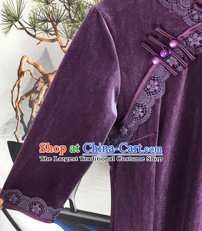 China Modern Stage Show Clothing National Qipao Dress Traditional Purple Velvet Cheongsam