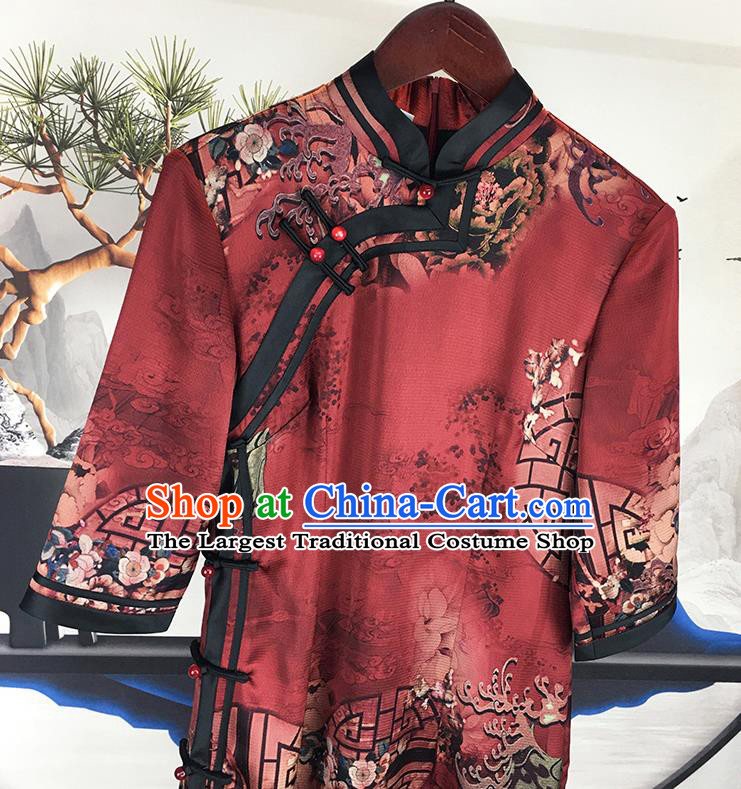 China Classical Dance Clothing Traditional Stage Performance Cheongsam National Dark Red Satin Qipao Dress
