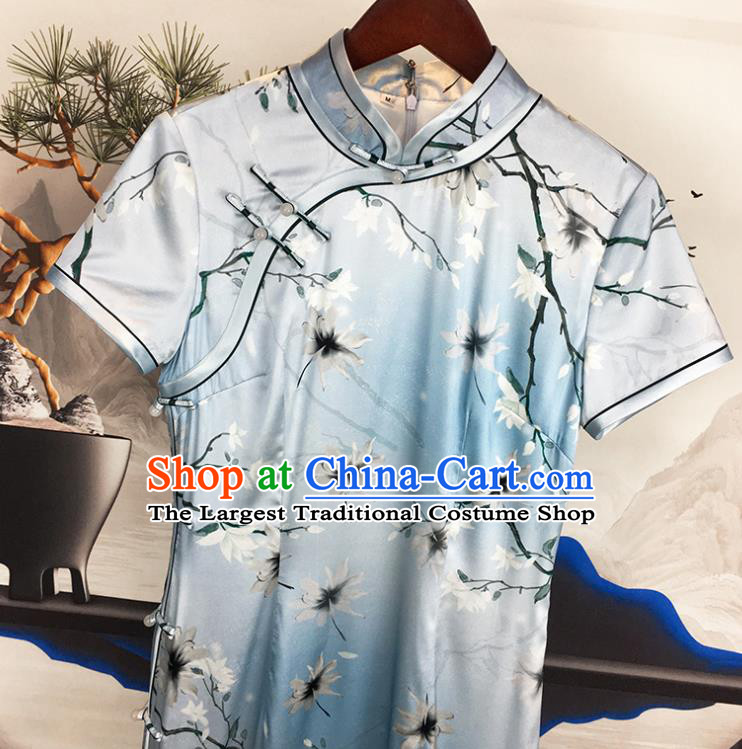China Classical Palace Fan Dance Clothing Traditional Printing Short Cheongsam National Blue Silk Qipao Dress