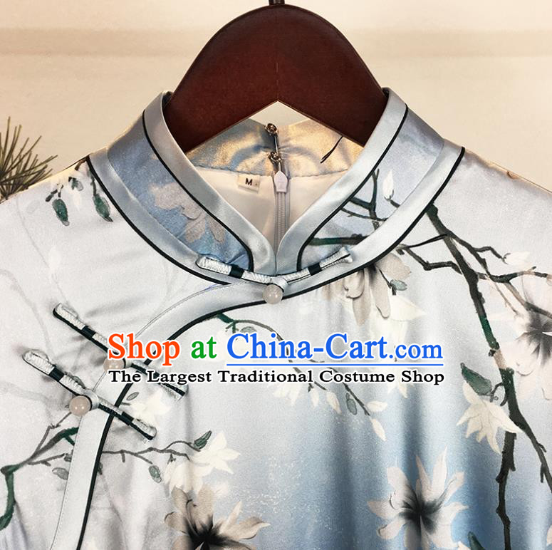 China Classical Palace Fan Dance Clothing Traditional Printing Short Cheongsam National Blue Silk Qipao Dress