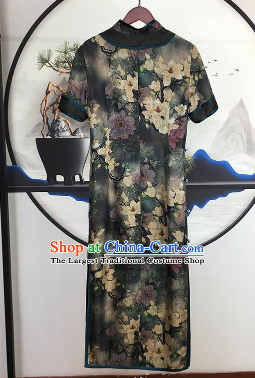 China National Printing Mangnolia Silk Qipao Dress Clothing Traditional Gambiered Guangdong Gauze Cheongsam