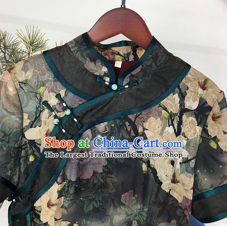 China National Printing Mangnolia Silk Qipao Dress Clothing Traditional Gambiered Guangdong Gauze Cheongsam