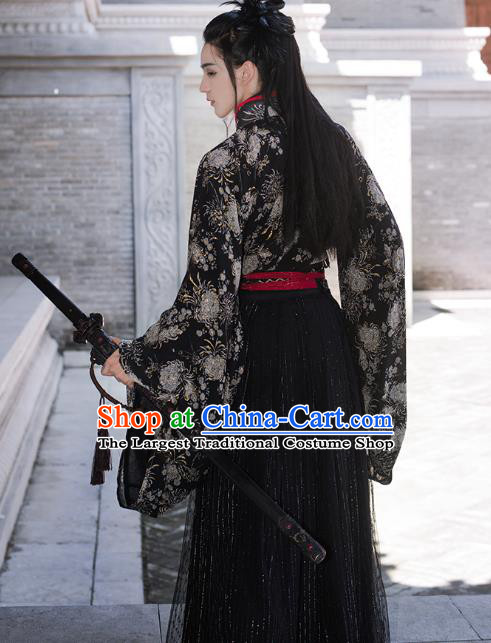 China Ancient Swordsman Black Hanfu Clothing Traditional Jin Dynasty Prince Costumes for Men