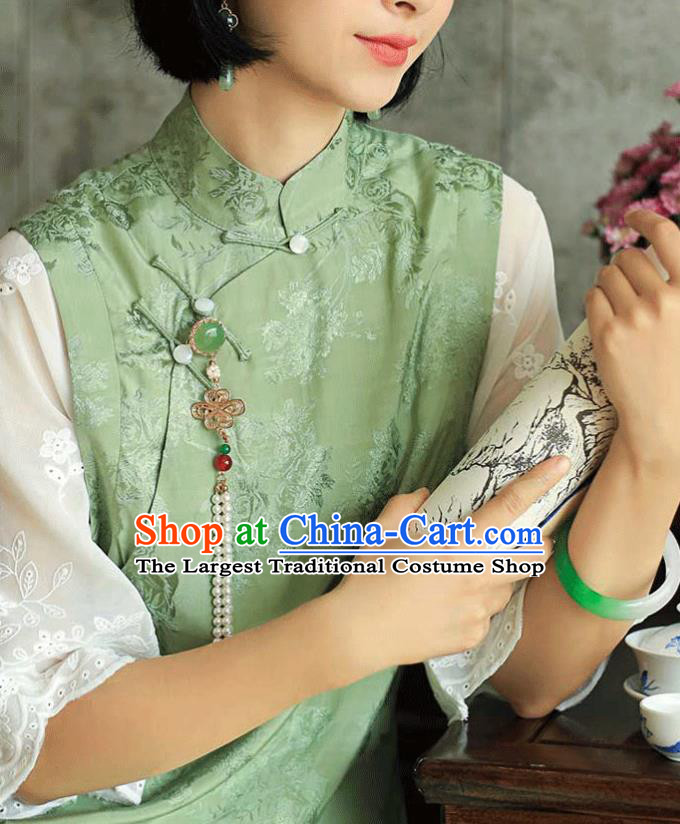 China National Young Lady Wide Sleeve Qipao Dress Clothing Traditional Light Green Cheongsam