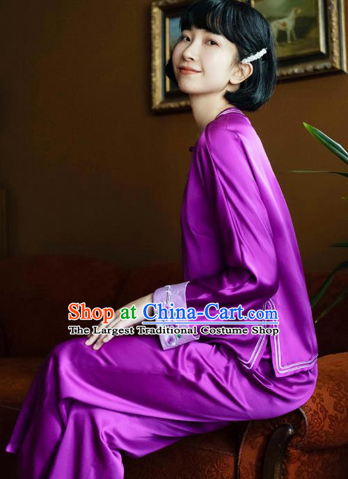 Chinese Traditional National Pajamas Costume Embroidered Purple Silk Blouse and Pants Outfits