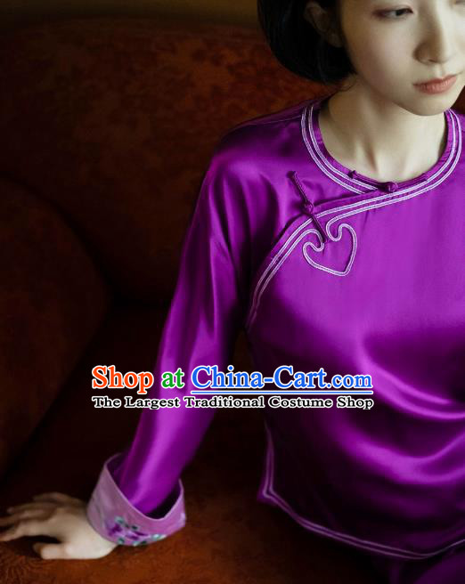 Chinese Traditional National Pajamas Costume Embroidered Purple Silk Blouse and Pants Outfits